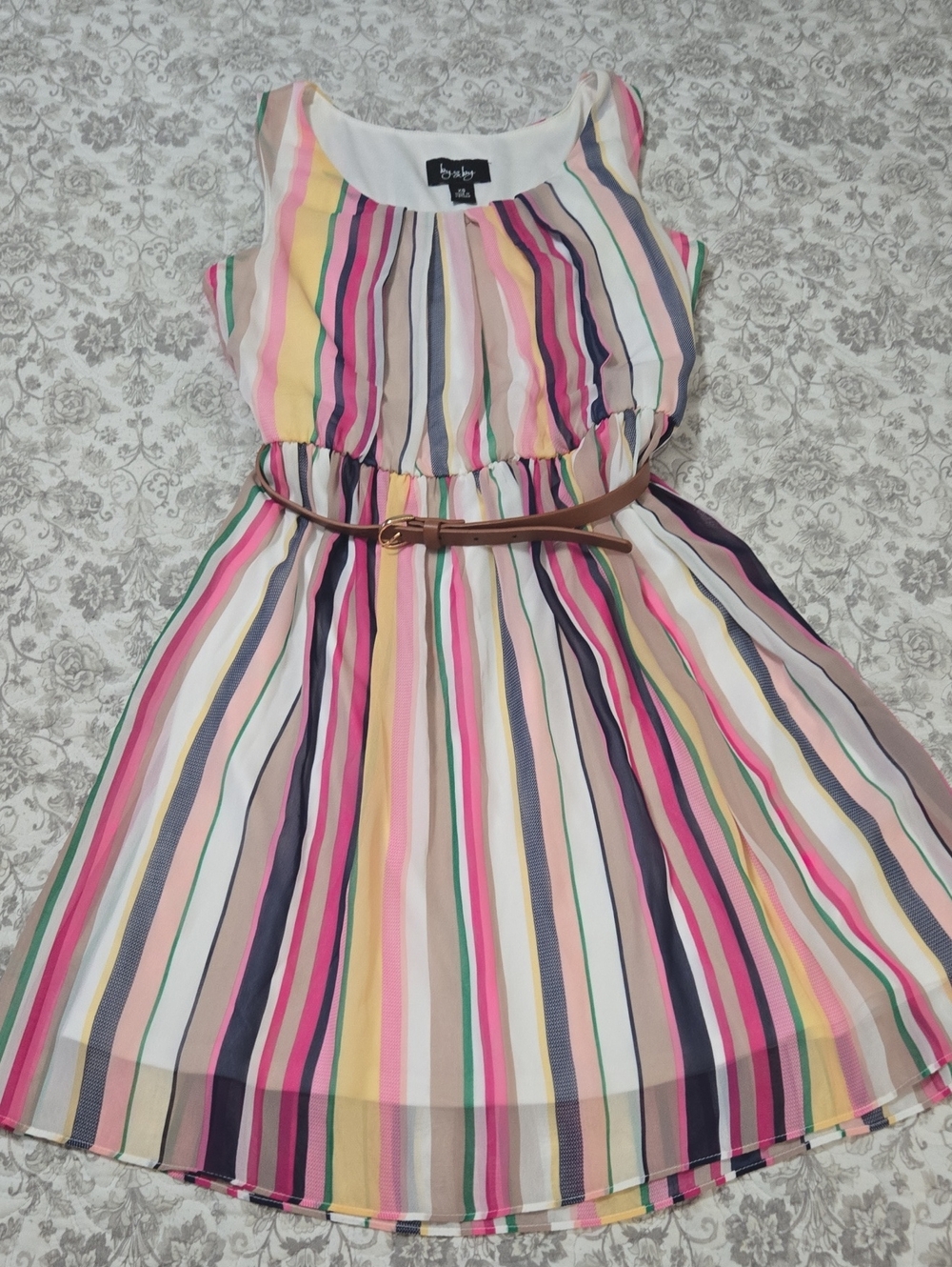 by & by Multicolor Striped Sleeveless Dress with Tan Belt